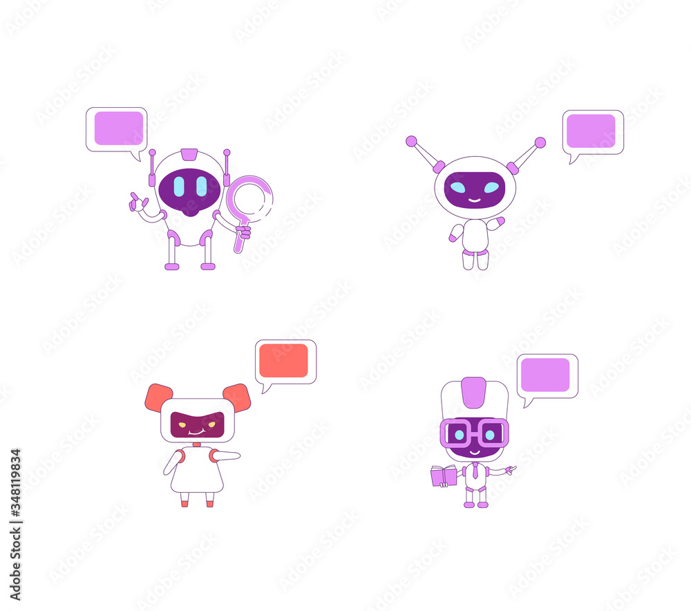 Poster humanoid bots flat color vector characters set. boy ai with book and magnifying glass. girl bot assi