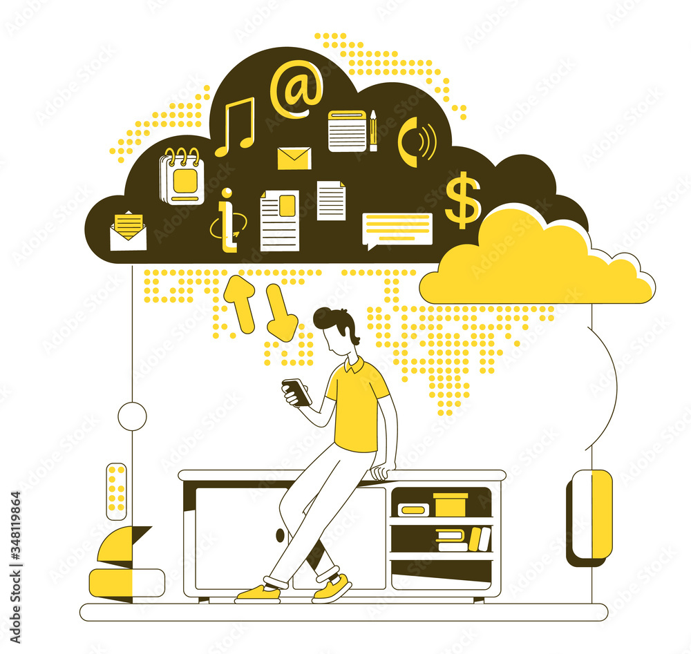 Poster cloud storage thin line concept vector illustration. user downloading and uploading files 2d cartoon