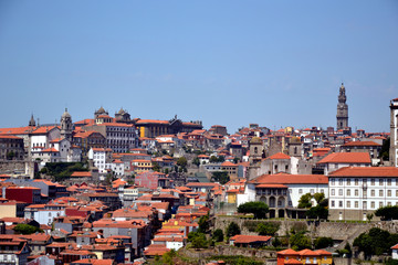 Porto, Portugal - August 20, 2015: cityscape of Porto. Focus on the historic city center, which contains the most important monuments of Porto, such as The Tower of the Clerics.