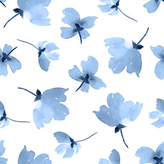 Seamless watercolor pattern with flowers in navy blue