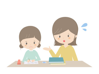 A girl learning at home while being told by her parents.