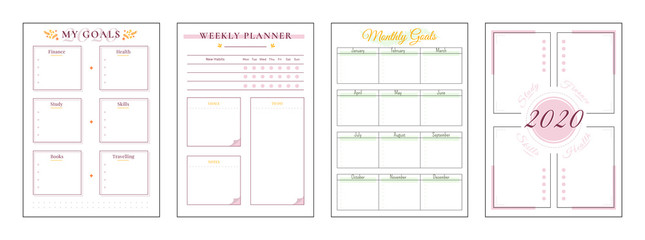 2020 goals minimalist planner page set. Spread for finance goal. Life category to write notes. Pink boxes and color accent. Monthly personal organizer printable sheet layout. Vertical insert for diary