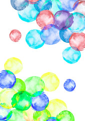 Watercolor background. Colorful confetti, cracker, balls, soap bubbles. Beautiful abstract background. round abstract spot. For fabric, cover, packaging, material, wallpaper, scarf. Watercolor splash