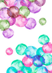 Watercolor background. Colorful confetti, cracker, balls, soap bubbles. Beautiful abstract background. round abstract spot. For fabric, cover, packaging, material, wallpaper, scarf. Watercolor splash