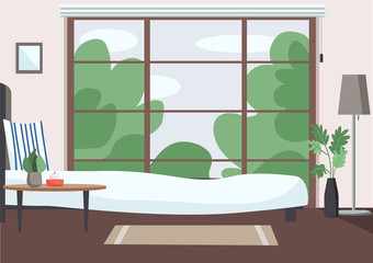 Empty bedroom flat color vector illustration. Modern apartment 2D cartoon interior with big window on background. Contemporary home interior decor, cozy accommodation. Comfortable room at daytime