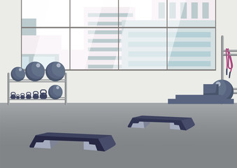 Empty fitness club flat color vector illustration. Gym 2D cartoon interior with equipment on background. Sports center with no people inside. Gear for bodybuilding, aerobics and pilates training