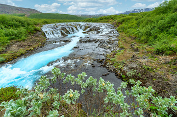 Naklejka na ściany i meble The beautiful and amazing bruarfoss waterfall in Iceland, the turquoise water stream. Green trees and blue skies in summer Here is a hidden waterfall in a secret place.