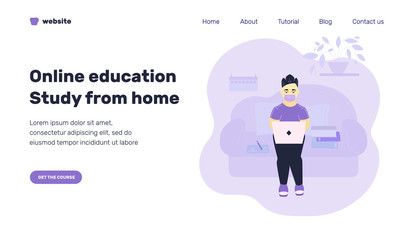 Landing page template for distance course. Online education concept. Young asian boy study from home using laptop and sitting on sofa in cozy room. Flat vector illustration. Design element for web.