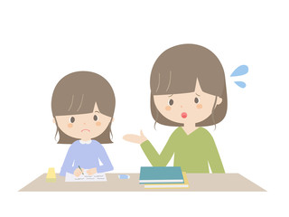 A girl learning at home while being told by her parents.