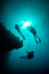 Fototapeta na wymiar Silhouette of divers swimming in clear blue water around a coral reef