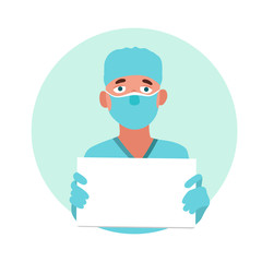 Doctor in a mask and gloves holding blank board. Cartoon flat vector illustration isolated on white background.