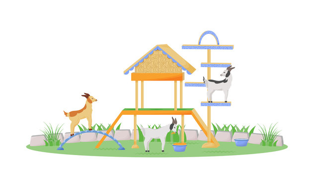 Goat in playhouse flat color vector character. Animals play in zoo garden. Backyard pet furniture. Domestic animal on playground isolated cartoon illustration for web graphic design and animation