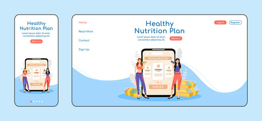 Healthy nutrition plan adaptive landing page flat color vector template. Dietary menu mobile and PC homepage layout. Food order one page website UI. Restaurant service webpage cross platform design