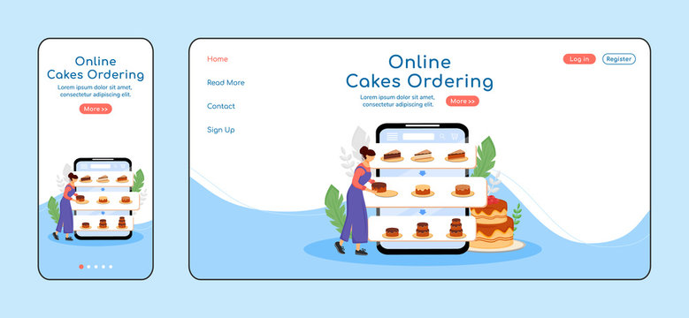 Online cakes ordering adaptive landing page flat color vector template. Pastry shop mobile and PC homepage layout. Bakery order one page website UI. Desserts assortment webpage cross platform design