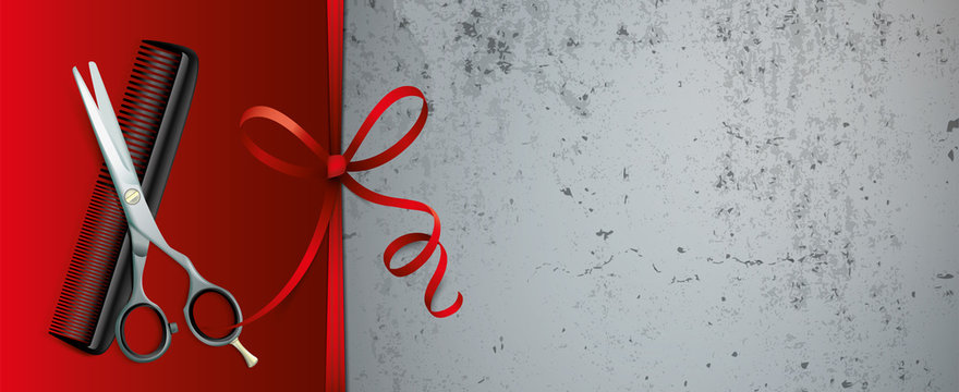 Scissors Comb Red Ribbon Concrete Background