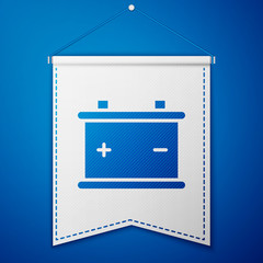 Blue Car battery icon isolated on blue background. Accumulator battery energy power and electricity accumulator battery. White pennant template. Vector