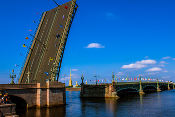 Russia. St. Petersburg. The bridge across the Neva.
  In the open section of the bridge, the spire...