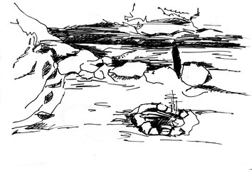 Ink sketch of landscape with lake, fire and trees on white background.