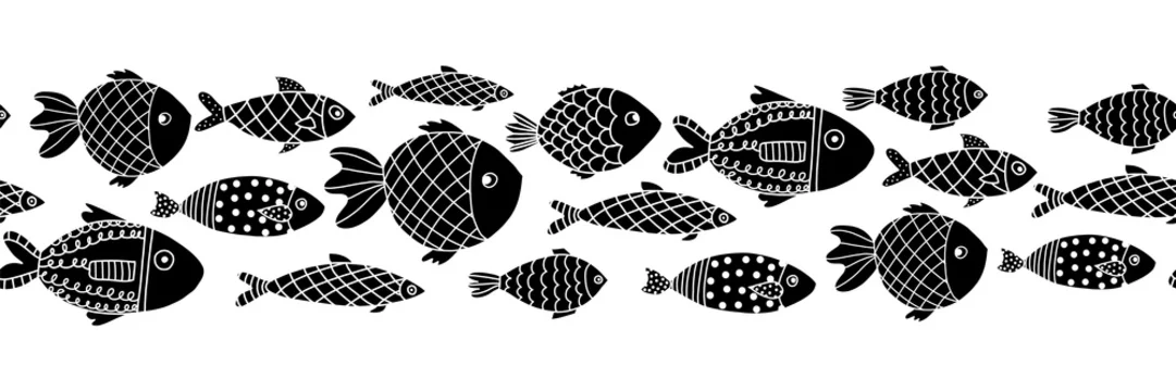 Monochrome fishes seamless vector border. Black on white doodle fish line  art. Ocean animals repeating vector border. Stock Vector | Adobe Stock