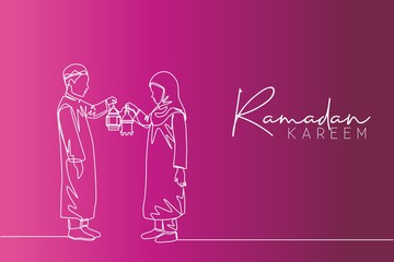Ramadan Kareem greeting card, poster and banner design background. Single continuous line drawing of two young muslim Islamic boy and girl holding lantern lamp. one line draw vector illustration