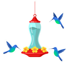 Hummingbird bird feeder. Cartoon flat illustration isolated on white background.