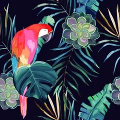Tapeten Papagei Sommermuster mit Papagei, Palmblättern und Kakteen. Vektor-Illustration. Aquarell-Stil
