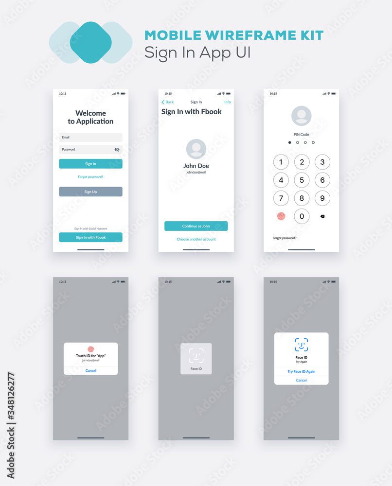 Poster wireframe ui kit for smartphone. mobile app ux design. new os sign in, enter, form, input fields, so