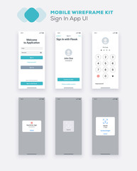 Wireframe UI kit for smartphone. Mobile App UX design. New OS sign in, enter, form, input fields, social, numeric keypad, numbers, security screens.