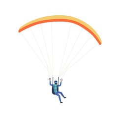 Male skydiver flying with parachute vector flat illustration. Extreme man enjoying parachuting sport and leisure outdoors activity isolated on white background. Active guy parachutist in safety suit