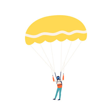 Professional male skydiver landing with parachute vector flat illustration