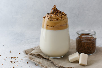 Dalgona coffee with ingredients. Menu, recipe of homemade quarantine trendy coffee. 