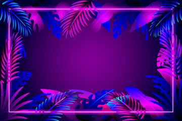 Fototapeta na wymiar Abstract leaves background with neon frame free vector