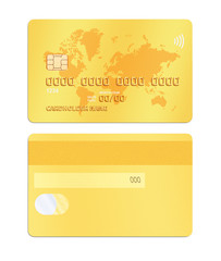 Front side and back side of a golden credit card isolated on white background. Design element