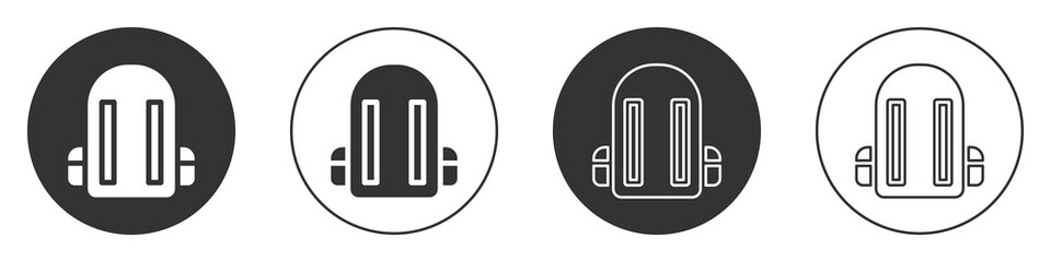 Black School backpack icon isolated on white background. Circle button. Vector