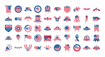 4th of july independence day, celebration honor memorial american flag icons set flat style icon