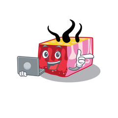 Cartoon character of skin clever student studying with a laptop