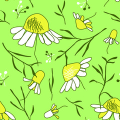 Floral seamless pattern with simple wildflowers, daisy flowers on green background. Doodle hand drawn style. Cute vector texture for textile print, cards, wedding invitations, wallpaper, gift wrap.
