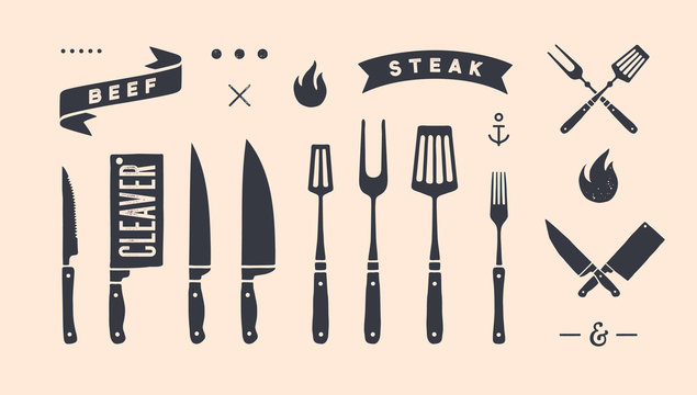Vintage graphic set. Set of vintage banner, ribbon, cutting knive, text, old school graphic elements, food tools. Design elements for restaurant, bar, cafe, food shop and market. Vector Illustration