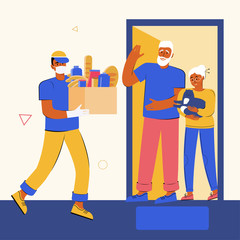 Help in quarantine. Volunteer in a medical mask and gloves delivered a box of food and goods to elderly people sitting at home. Protection against the spread of the virus. Social care concept.
