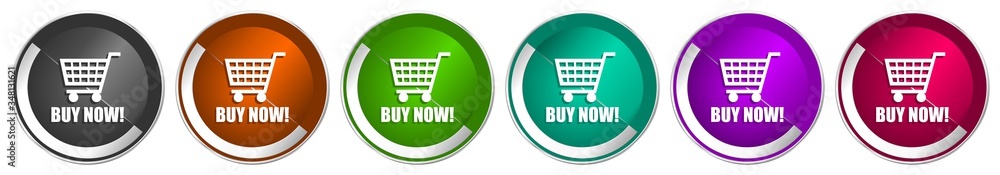 Poster buy now icon set, silver metallic chrome border vector web buttons in 6 colors options for webdesign