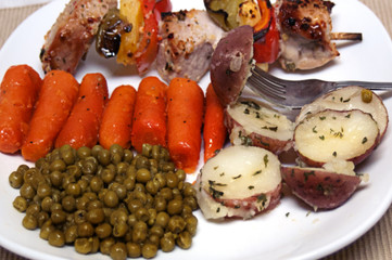 Dinner on Plate with Meat on Skewer