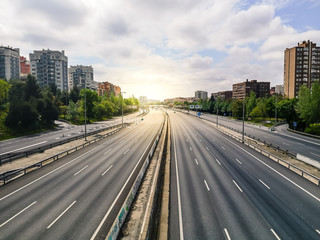 Empty M30 Highway in Madrid during COVID-19 pandemic outbreak and quarantine