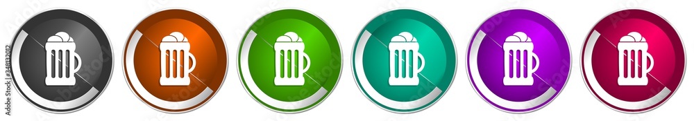 Fototapete beer icon set, silver metallic chrome border vector web buttons in 6 colors options for webdesign