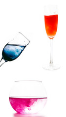 colored water in a glass on a white background. bright colors contrast
