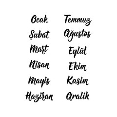 Turkish text: January, February, March, April, May, June, July, August, September, October, November, December. Lettering. Ink illustration.