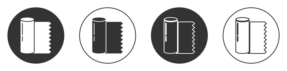 Black Textile fabric roll icon isolated on white background. Roll, mat, rug, cloth, carpet or paper roll icon. Circle button. Vector
