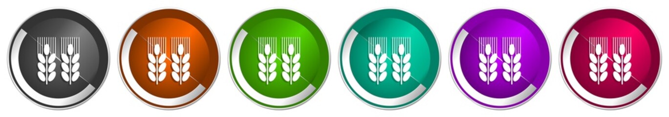 Agricultural icon set, silver metallic chrome border vector web buttons in 6 colors options for webdesign.
