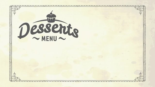 treat menu cover for stylish restaurant with cupcake sketch and cursive font on mature cardboard scene with splatter