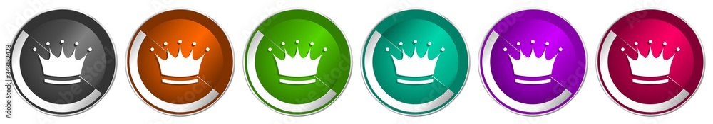 Poster crown icon set, silver metallic chrome border vector web buttons in 6 colors options for webdesign