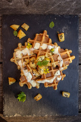delicious homemade gluten free Belgian waffles with custard and caramel apples